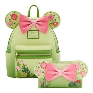 NWT Loungefly Disney Minnie Mouse Cacti Ears Mini Backpack & Wallet Set